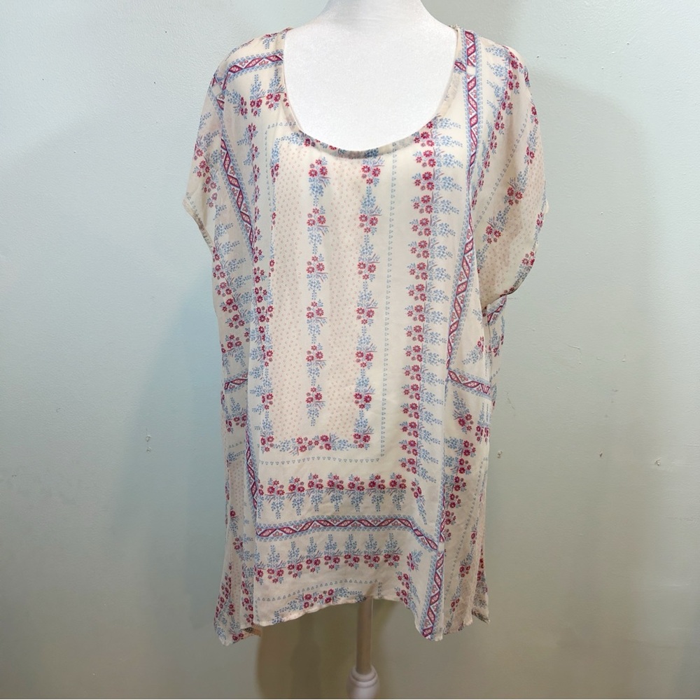 American Rag Cie Boho Peasant Sheer Floral Blouse Top Size 1X Peach Pink Blue
